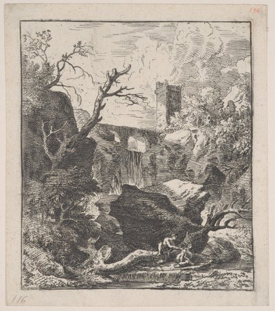 Plaat 2: twee figuren zittend op een boomstam aan de oever van een stroom, ca. 1700-25 door Franz Joachim Beich
