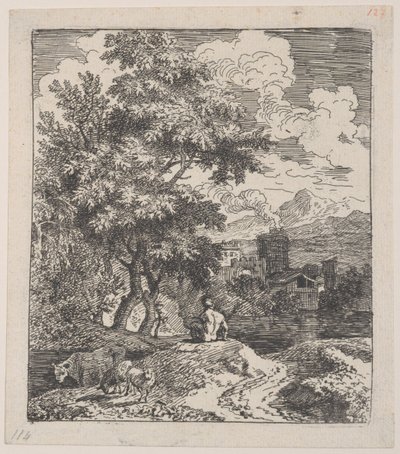 Plaat 3: een herder zittend op een heuvel, een koe en twee schapen links, en een stad rechts, ca. 1700-25 door Franz Joachim Beich
