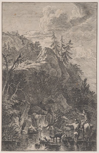 Plaat 5: vrouwelijke figuur te paard en een mannelijke figuur met een hond die in een straat staat, ca. 1700-1725 door Franz Joachim Beich