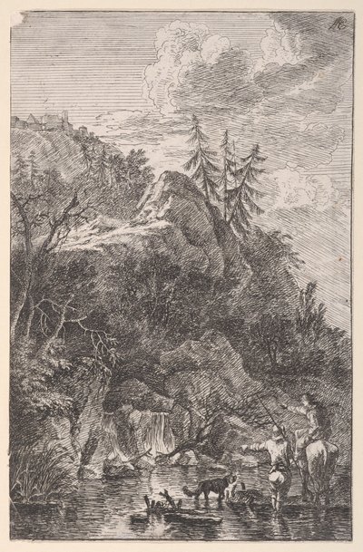 Blad 5: vrouwelijke figuur te paard en een mannelijke figuur met een hond die in een straat staat door Franz Joachim Beich