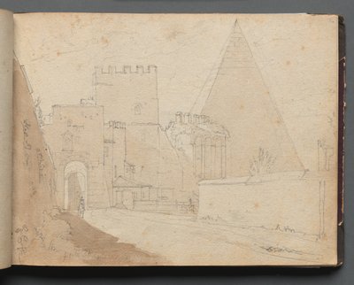 Album met uitzichten van Rome en omgeving, landschapsstudies, pagina 08a: Porta St. Paolo door Franz Johann Heinrich Nadorp