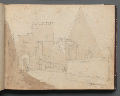 Album met Zichten op Rome en Omgeving, Landschapsstudies, pagina 08a: "Porta St. Paolo" door Franz Johann Heinrich Nadorp