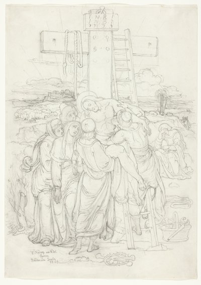 Afdaling van het kruis met een silhouet van Jeruzalem op de achtergrond door Franz Johann Heinrich Nadorp