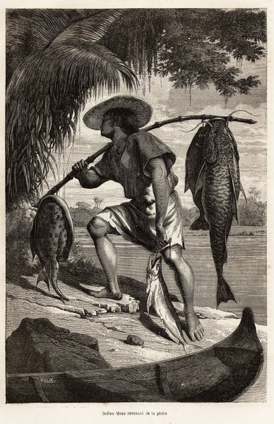 Indiaanse Moxo (Mojo, Moxeno) (uit de Mato Grosso-regio) terugkerend van vissen, gravure naar een tekening van de verteller, ter illustratie van een ontdekkingsreis op de Amazone en de Madeira, van 1874, door Franz Keller Leuzinger, gepubliceerd in 