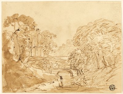 Landschap met brug en ruïnes door Franz Kobell