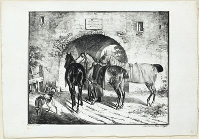 Drie paarden bij de poort door Franz Krüger
