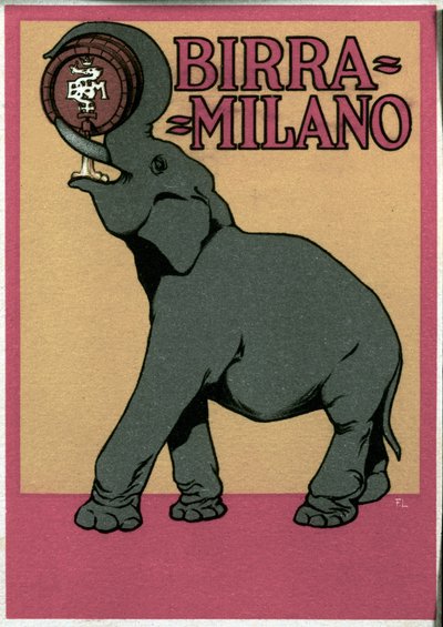 Reclameposter voor Milano bier geïllustreerd door Franz Laskoff met een olifant die met zijn slurf direct uit het vat drinkt. 20e eeuw door Franz Laskoff