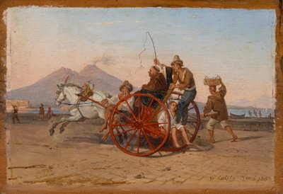 Een kapucijner monnik en non worden in een Napolitaanse carrette in de haven van Napels gereden door Franz Ludwig Catel