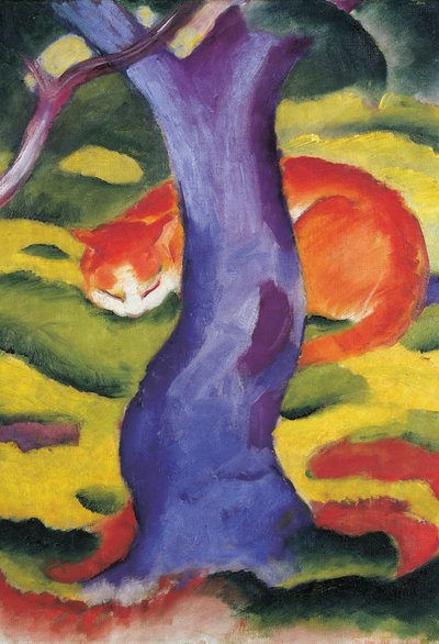 Kat achter boom, 50x70 cm door Franz Marc