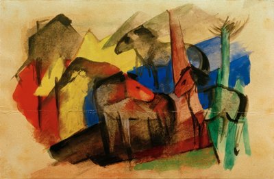 Drie paarden in landschap met huizen door Franz Marc