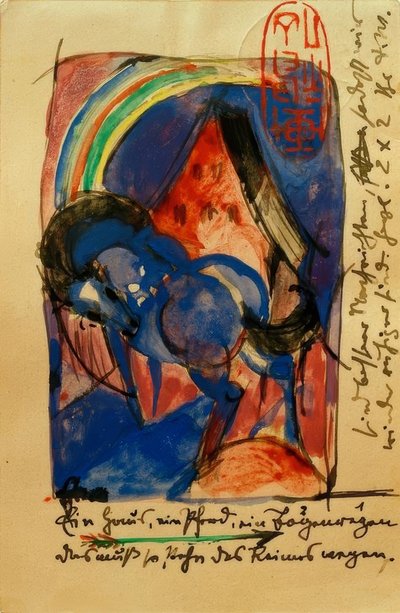 Paard en huis met regenboog door Franz Marc