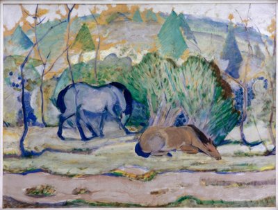 Paarden in de wei (Paarden in landschap) door Franz Marc
