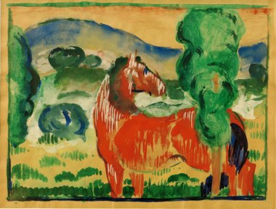 Rood paard in kleurrijk landschap door Franz Marc