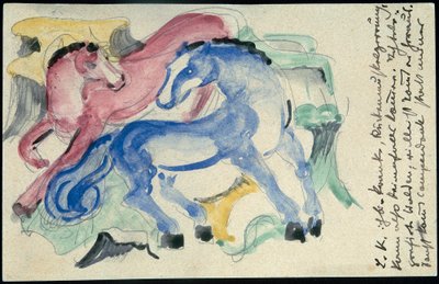"Rood en blauw paard", Franz Marc uit Sindelsdorf aan Wassily Kandinsky in München: Ansichtkaart, poststempel 05.04.1913 door Franz Marc