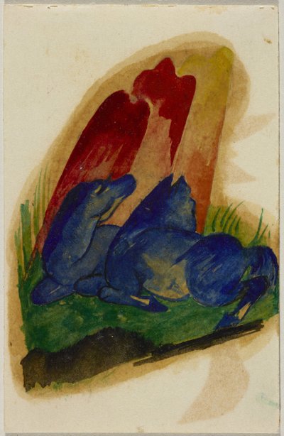 Twee Blauwe Paarden voor Rode Rots, Ansichtkaart uit Sindelsdorf aan Wassily Kandinsky in München door Franz Marc