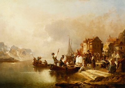 Een bruiloftsfeest dat aan boord gaat van een boot door Franz Richard Unterberger