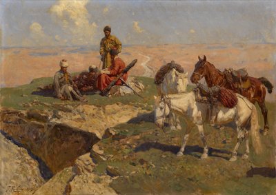 Kaukasische ruiters in rust, 1917 door Franz Roubaud