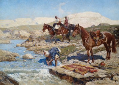 Tsjerkessische ruiter steekt de rivier over door Franz Roubaud