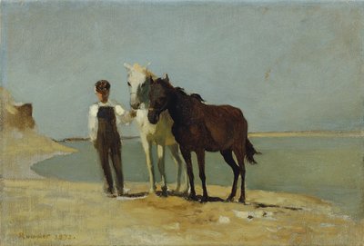 Een jongen met paarden op het strand door Franz Rumpler