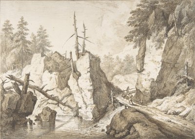 Zwitserse Berglandschap met Kleine Brug over een Beek door Franz Schutz