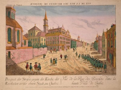 Vue de la Rue des Recolets de Quebec, gepubliceerd c.1770s (handgekleurde gravure) door Franz Xaver Habermann