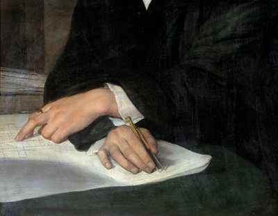 Portret van de architect Karl Berckmuller (1800-1879), detail van de gekruiste handen op het plan. Een van hen houdt een passer vast door Franz Xaver Winterhalter