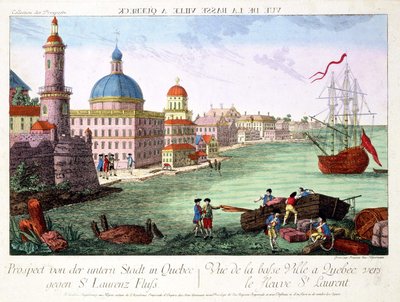 Uitzicht op Lower Town in Quebec richting de St. Lawrencerivier. Gravure door Franz-Xavier Habermann door Franz Xavier Habermann