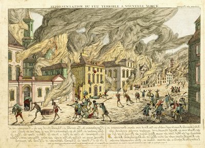 Uitzicht op New York tijdens de grote brand van 1776; Représentation du Feu Terrible à Nouvelle York, 1780 door Franz Xaver Habermann