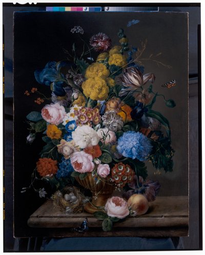 Rozen, irissen, anjers, tulpen en andere bloemen in een bronzen urn door Franz Xavier Petter
