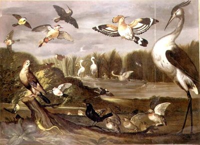Rivierlandschap met een gaai, een roodborsttapuit, een wilde eend, een kwikstaart en andere vogels door Franz de Hamilton