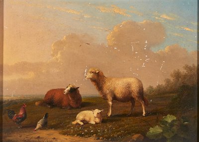 Schapen en kippen in een weide door Franz van Severdonck