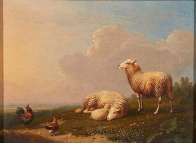 Schapen en kippen in een weide door Franz van Severdonck