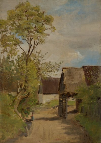 Dorpsstraat in Aresing (?) met vrouwelijke figuur door Franz von Lenbach