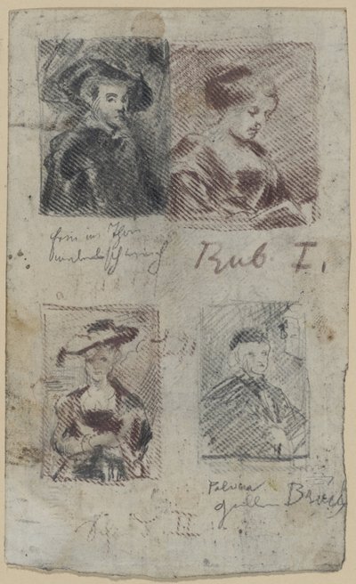 Drie kopieschetsen naar Peter Paul Rubens, een naar Palma Vecchio (?) door Franz von Lenbach, Peter Paul Rubens