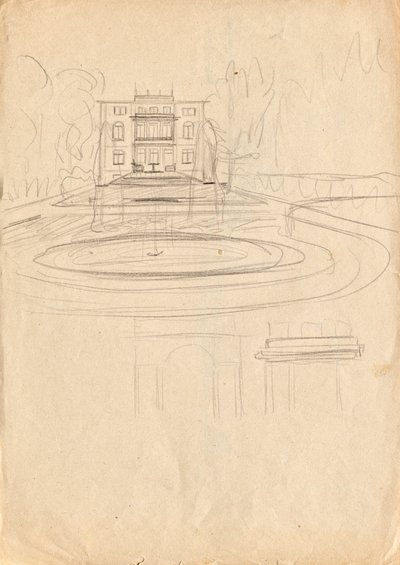 Ontwerpschetsen voor Matschs Ateliervilla - Zicht vanuit de tuin met fontein door Franz von Matsch