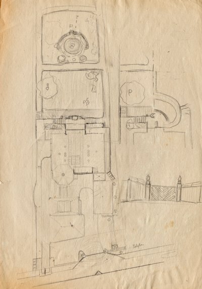 Ontwerpschetsen voor Matschs Ateliervilla - Plattegrond van het geheel en tuin, poort door Franz von Matsch