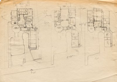 Ontwerpschetsen voor Matschs Ateliervilla - Plattegrond van drie verdiepingen door Franz von Matsch