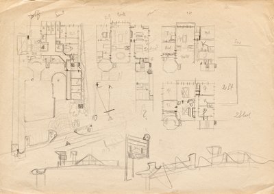 Ontwerpschetsen voor Matschs ateliervilla - plattegronden en dakconstructie door Franz von Matsch