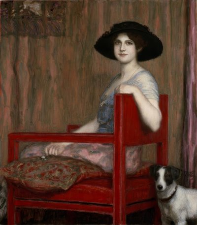 Mary von Stuck in een rode stoel door Franz von Stuck