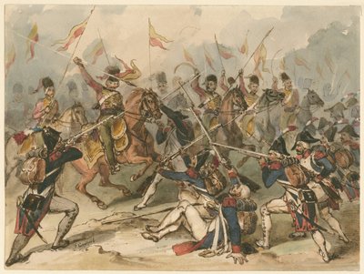 Franse infanterie en Russische huzaren in gevecht bij Austerlitz door Frédéric Goupil Fesquet