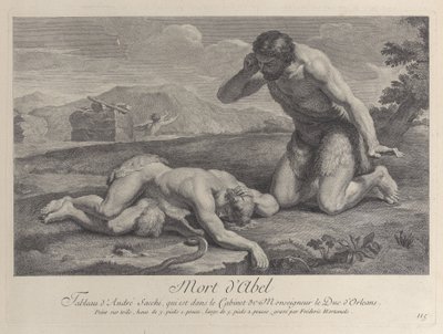 Adam knielt in verdriet naast het lichaam van Abel, terwijl Kaïn op de achtergrond vlucht, ca. 1729 door Frédéric Horthemels