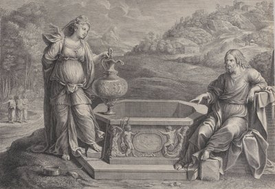 Christus, zittend rechts, en de vrouw van Samaria, staand links door Frédéric Horthemels