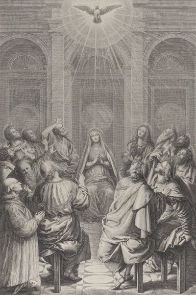 Pinksteren, met de apostelen en de Maagd zittend in een cirkel, de Heilige Geest door Frédéric Horthemels