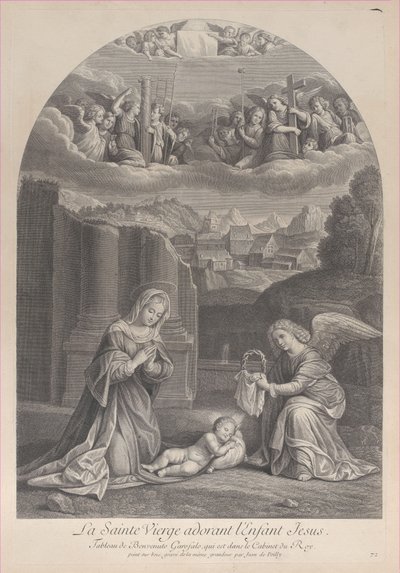 De Maagd Maria aanbidt het Christuskind, een engel houdt een doornenkroon vast (detail) door Frédéric Horthemels