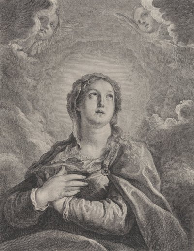 De Maagd, handen gevouwen op haar borst, omhoog kijkend, 1729-1740 door Frédéric Horthemels