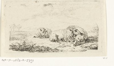 Drie schapen liggend in het gras door Frédéric Théodore Faber