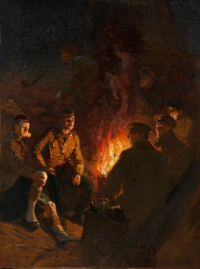 Ergens aan het front, soldaten rond een kampvuur 