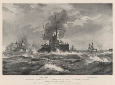 De marine-oefeningen, X-vloot bij Guernsey in zwaar weer door Fred T. Jane