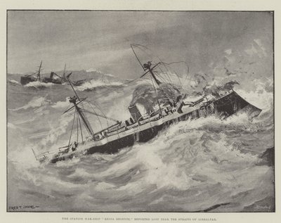 Het Spaanse oorlogsschip, Reina Regente, gemeld verloren nabij de Straat van Gibraltar door Fred T. Jane