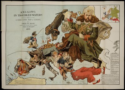 Vissen in troebel water. Een serieus-komische kaart van Europa door Fred W. Rose